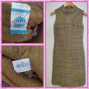 VINTAGE green & purple Tweed Sheath Dress Size XS -Union Made